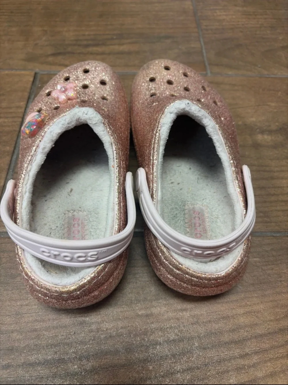 CROCS Kids Glitter Clogs in Rose Gold with Plush Lining
